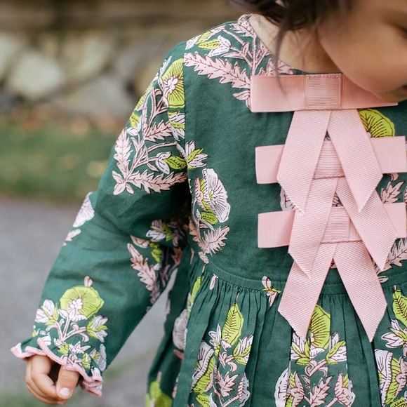 Pink Chicken 3 Year Hermione Hunter Green Floral Bow Dress Toddler Girls 3T - Picture 2 of 15